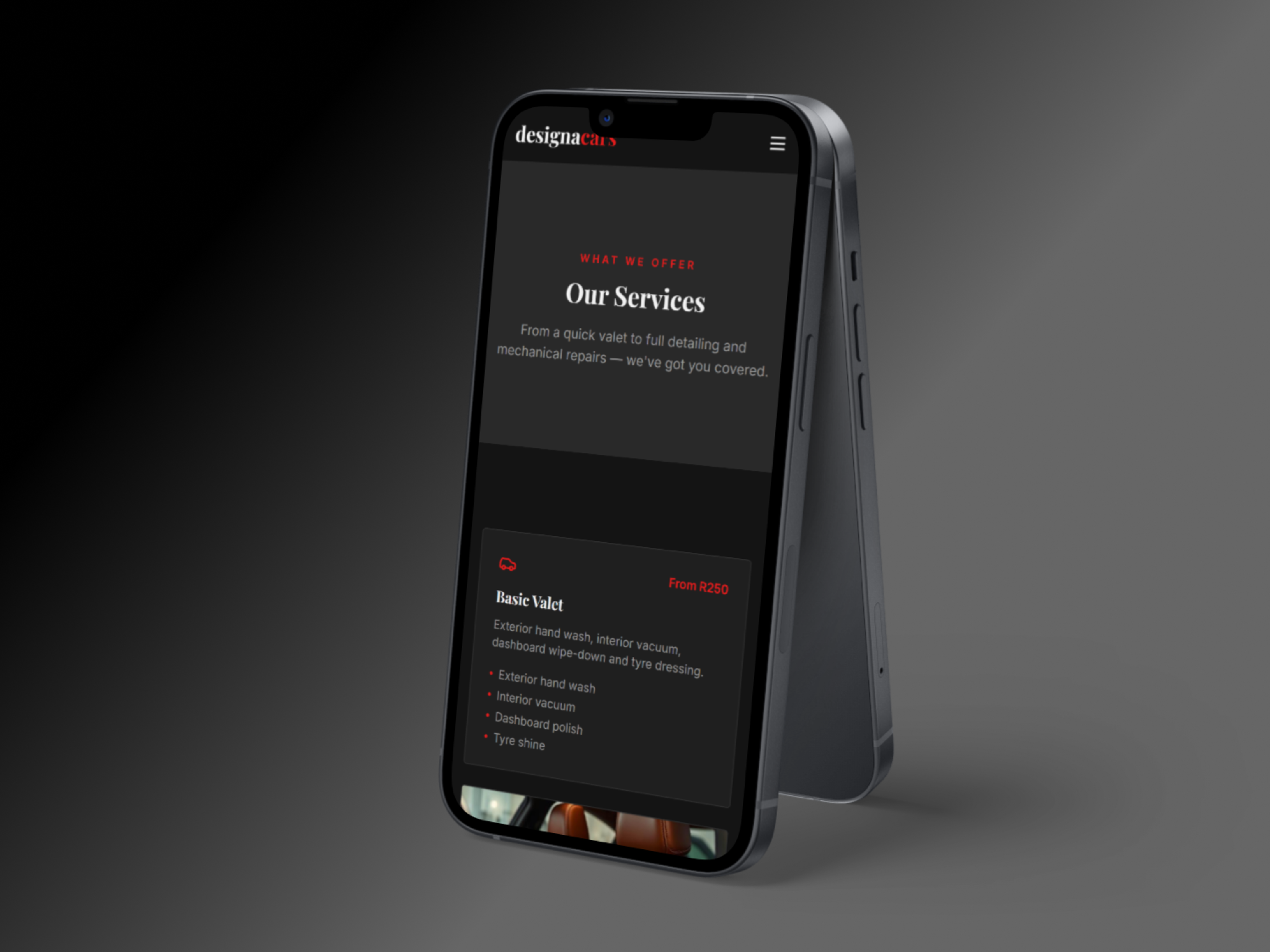 Redesigned DesignaCars website shown on a mobile phone